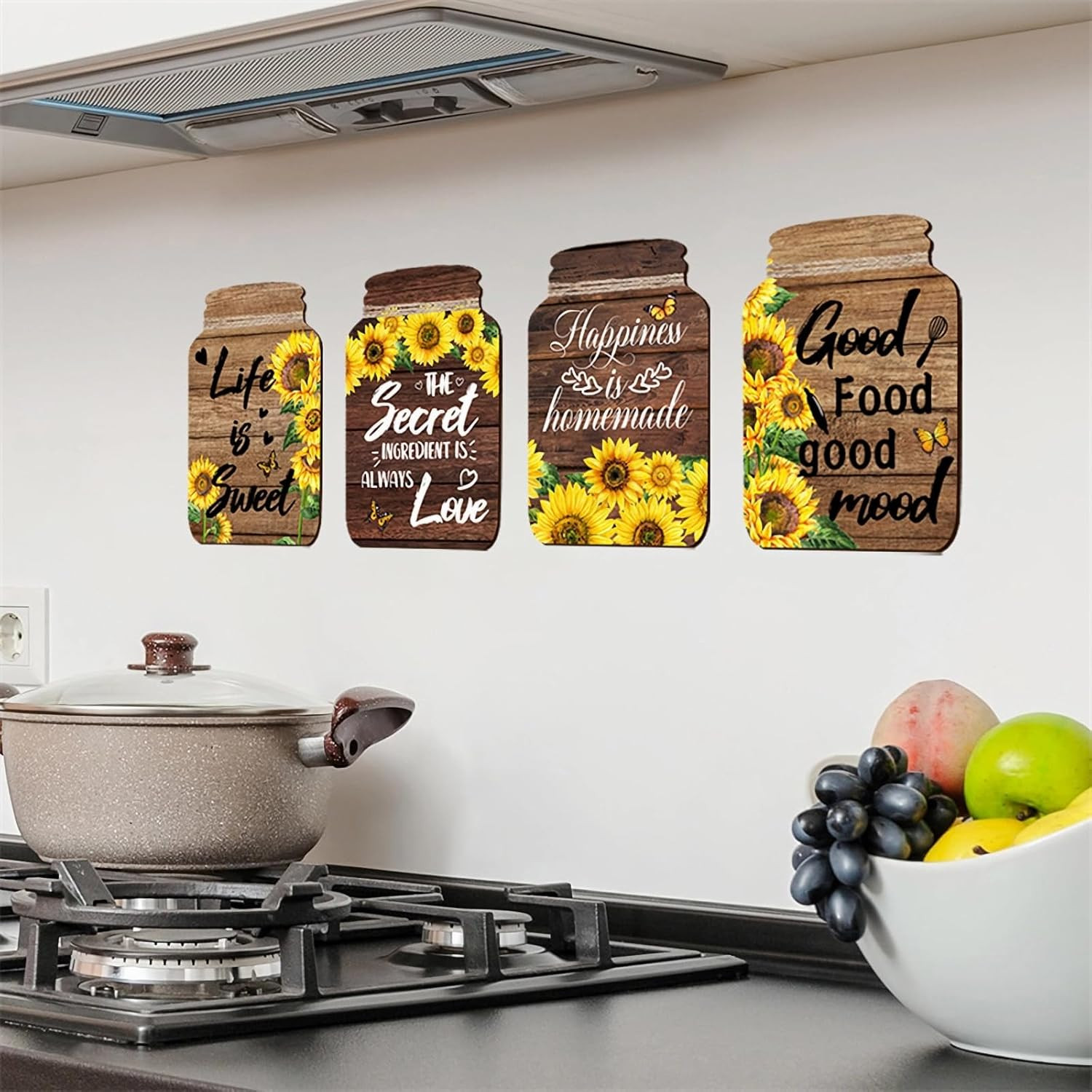 8 Sheets Sunflower Spice Jar Kitchen Wall Stickers, Kitchen Quotes Utensils DIY