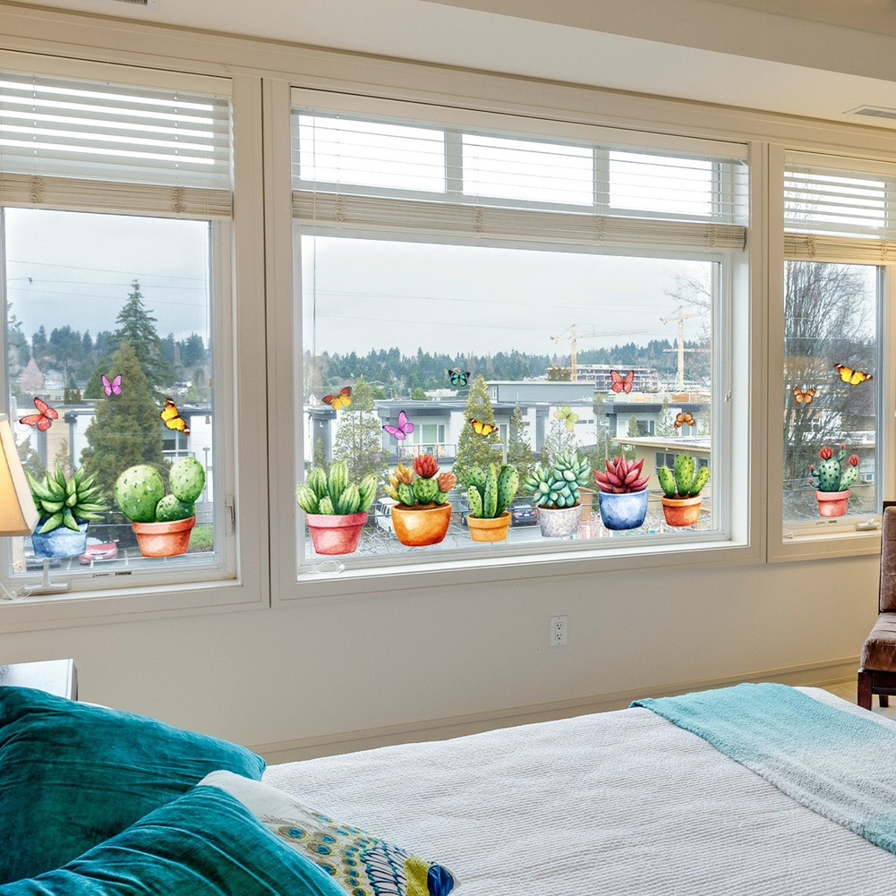 Double Sided PVC Window Sticker with Plant Flower Design for Interior Glass