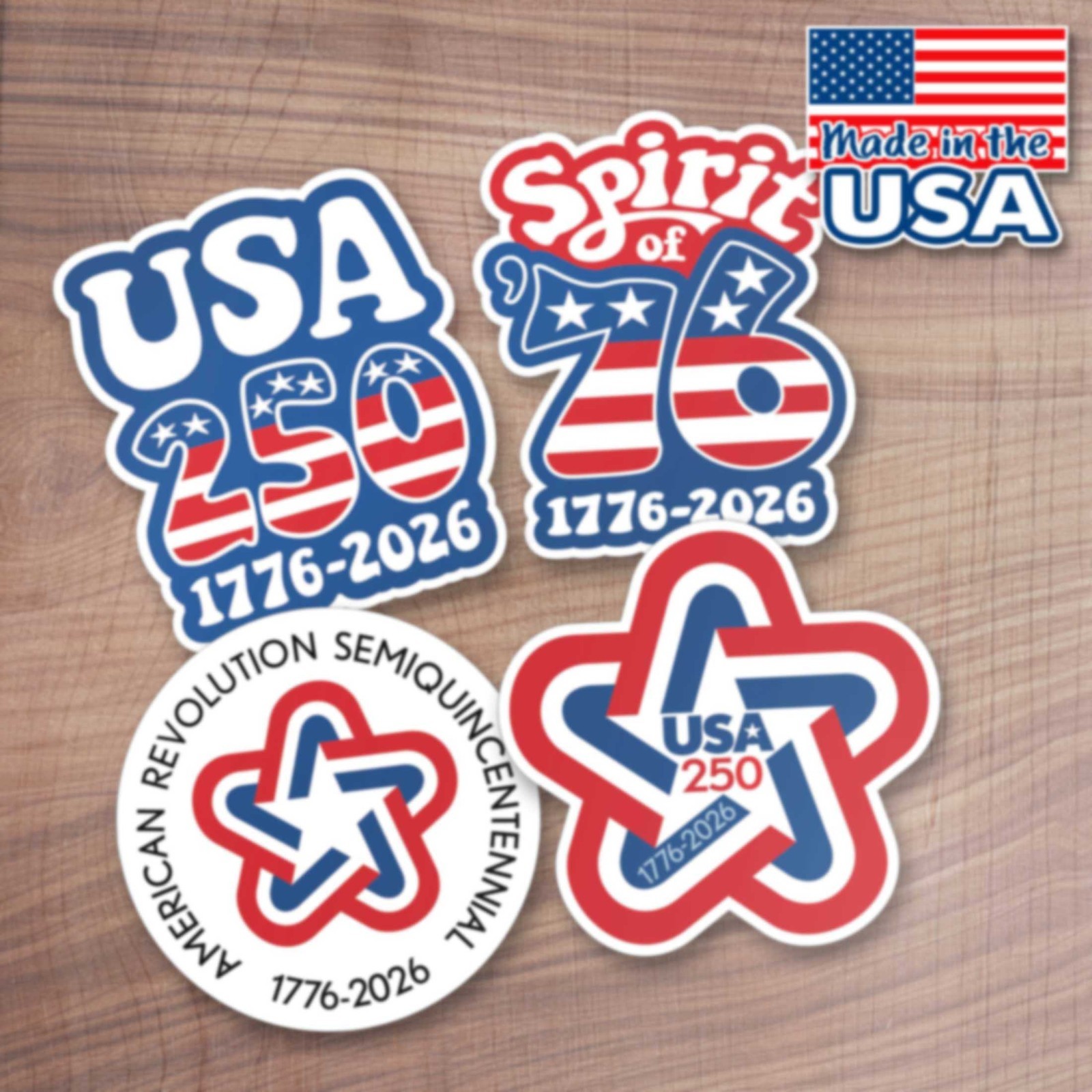 America 250th – 4 PACK Die Cut Stickers – USA 250 1776-2026 – Assorted Designs