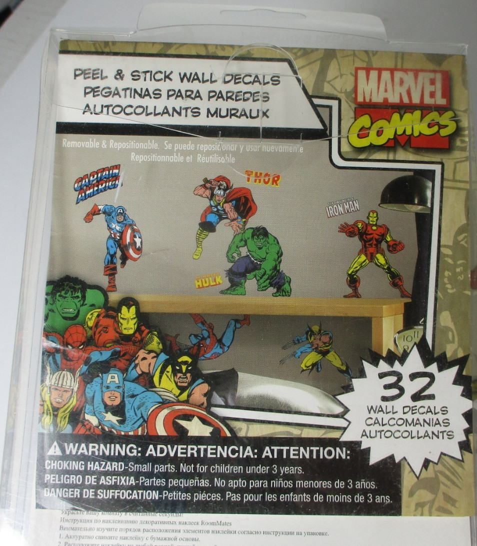 Marvel Stickers Comics Peel Stick Wall Decal 32 Pack Spiderman Thor Ironman Hulk