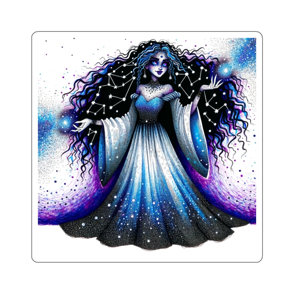 Sticker Celestial Sorceress Ink Art Cosmic Gown 2×2 3×3 4×4 6×6