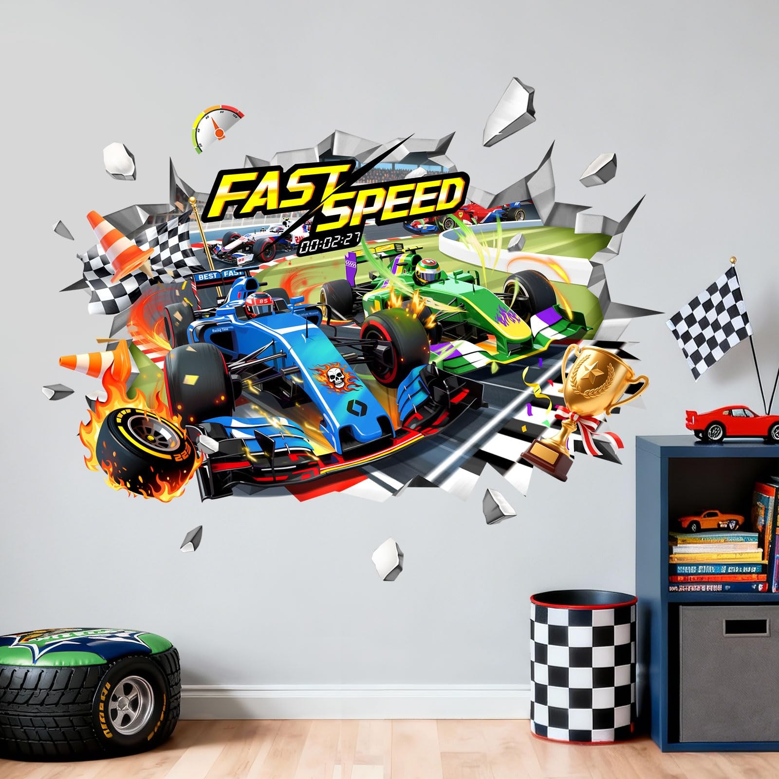 3D Racing Car Wall Decals – Speeding Race Car Break Through Wall Stickers for…