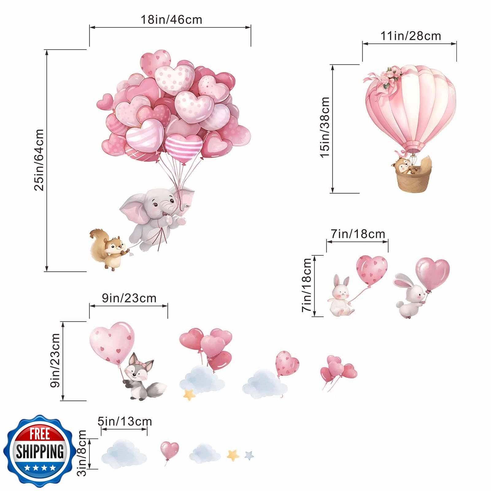 Animals Balloon Wall Stickers for Nursery: Baby Girls Kids Boys Bedroom Wall