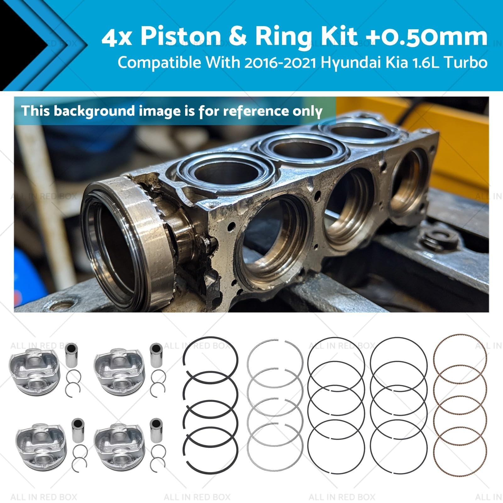 4x Piston & Ring Kit +0.50mm Compatible with Hyundai Kia 1.6L Turbo 2016-2021