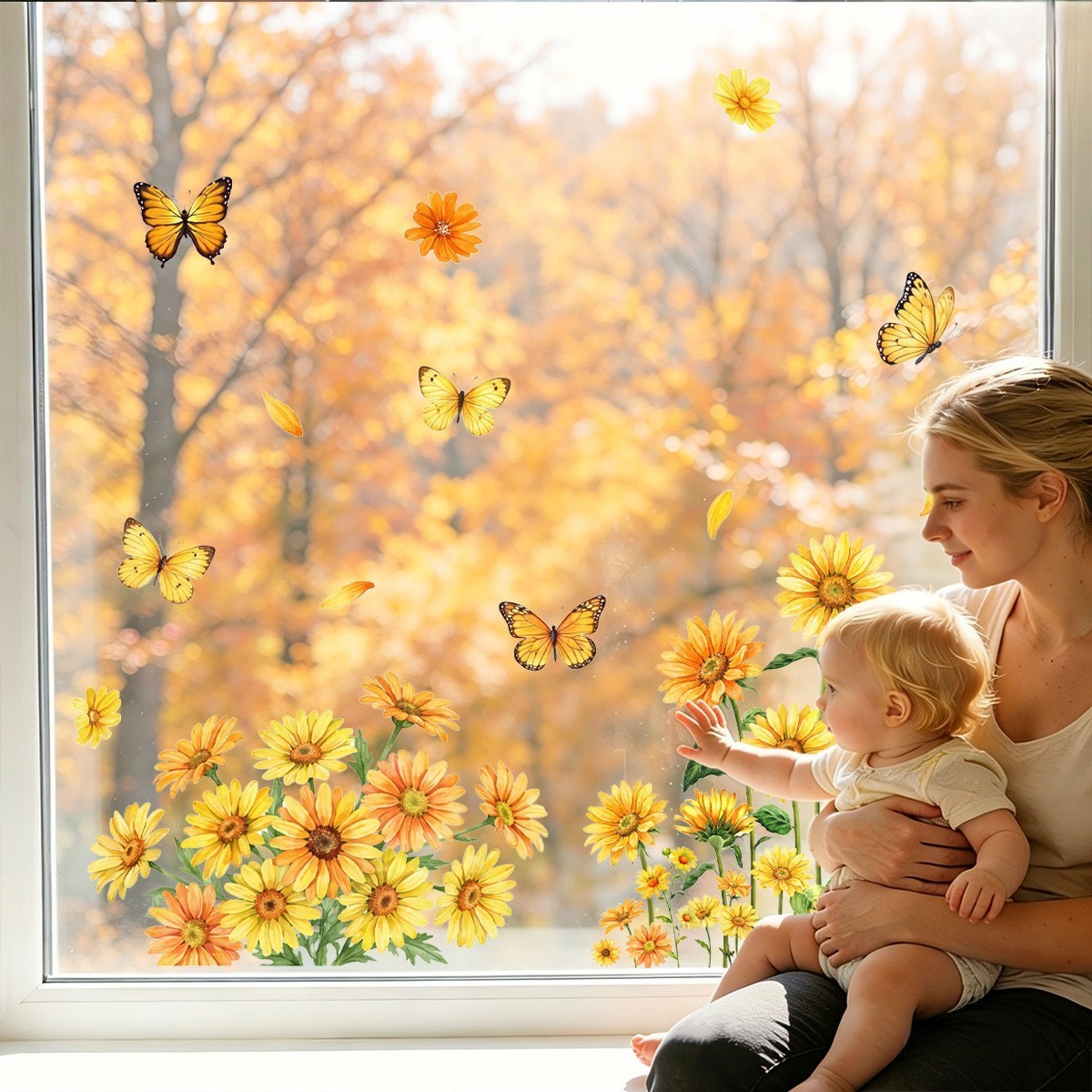 Static Cling Window Decals Sunflower Butterfly – Decor No Glue 2 Sheets
