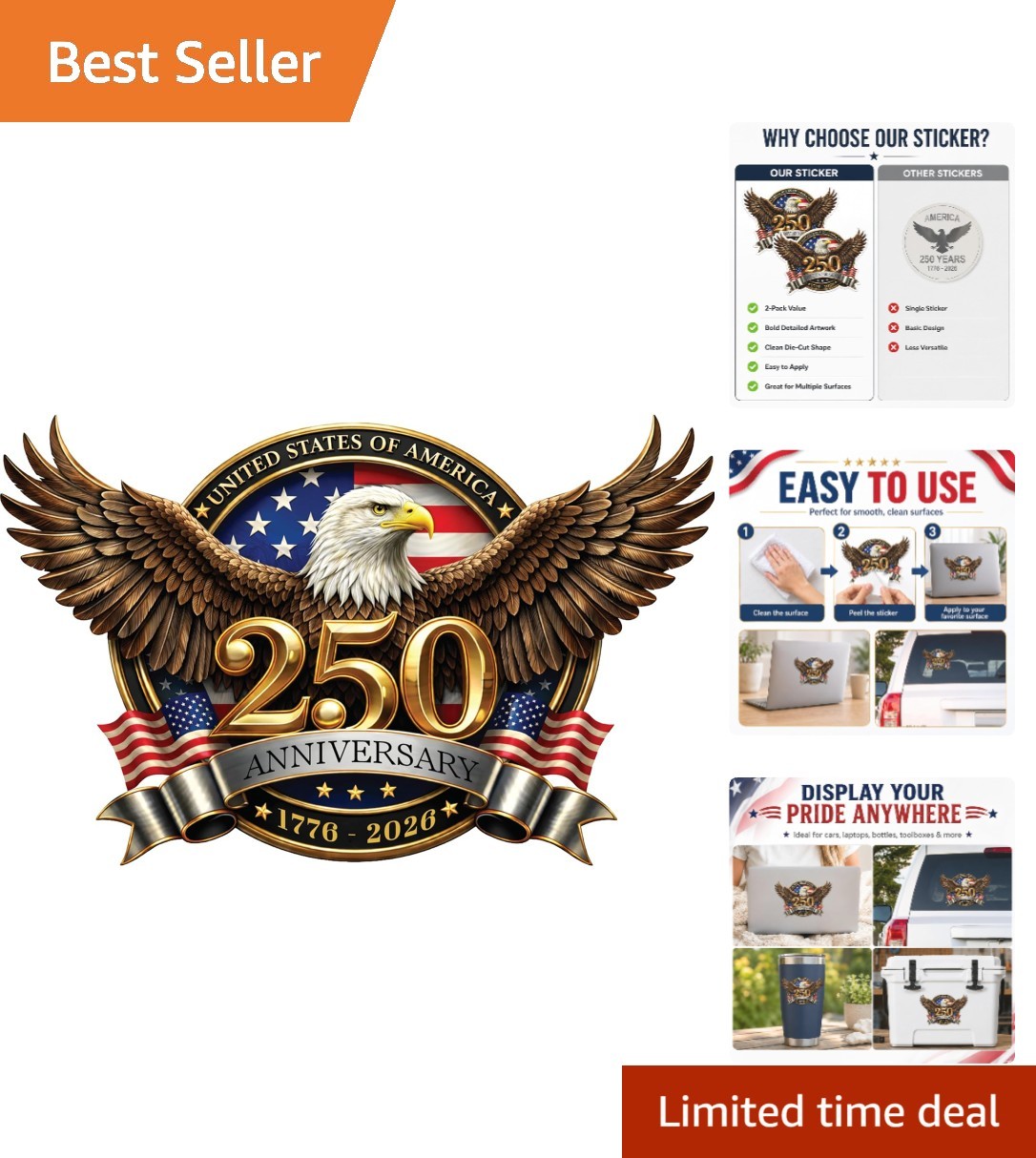 Bold Patriotic 250th Anniversary Car Stickers – Easy Application & Versatile Use