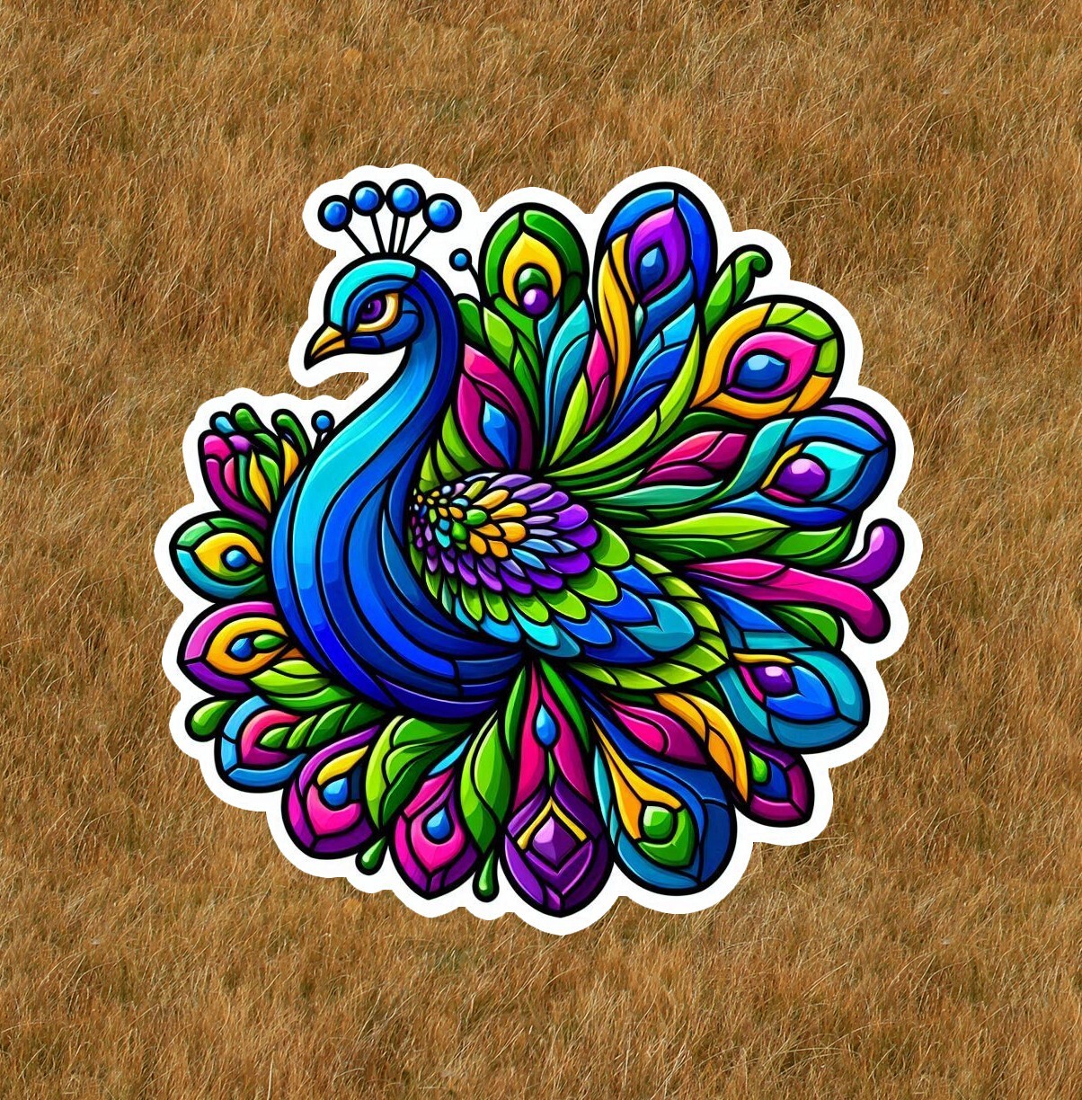Beautiful peacock in a stained glass design vinyl sticker decal – many sizes