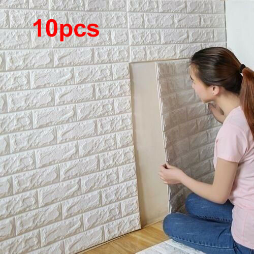 10PCS 70*30cm 3D Wallpaper Stone Brick Wall Sticker Panel Foam Wall White Decors