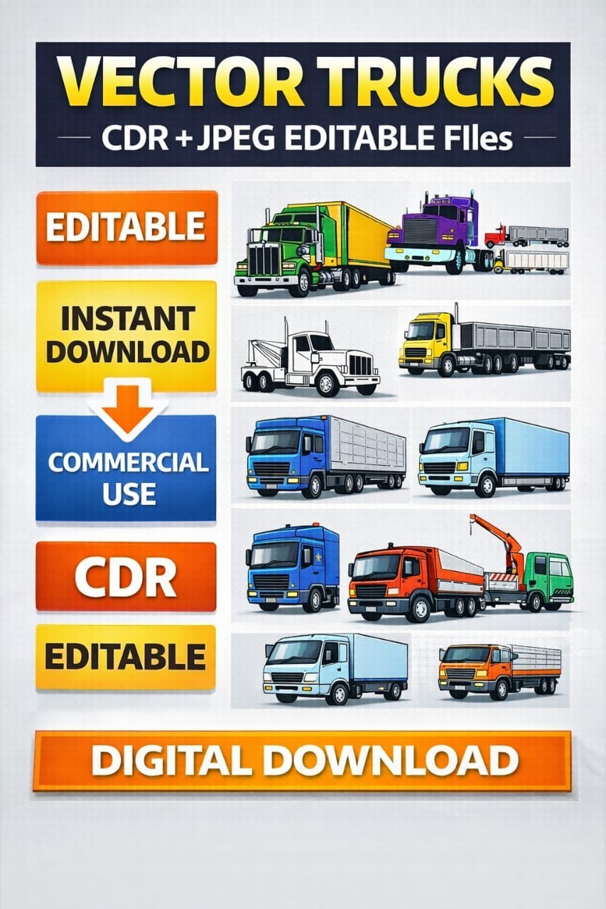 Vector Trucks Bundle, Truck Vector CDR Files, Editable Truck Clipart-Vector CDR