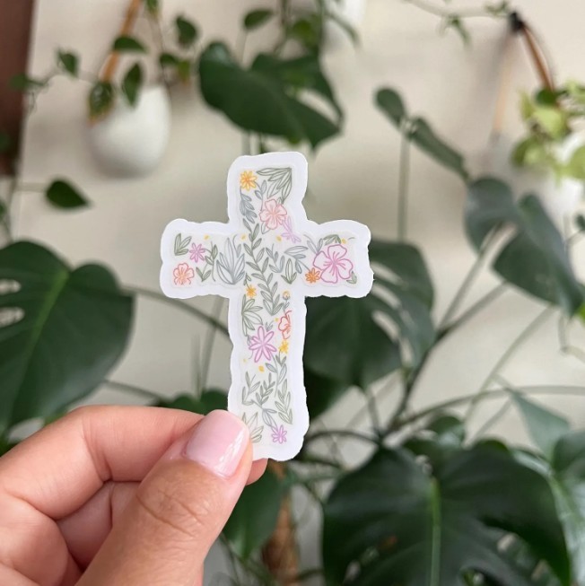 Floral Cross Vinyl Self-Adhesive Sticker for Wall, Window, Car, Small Decorative