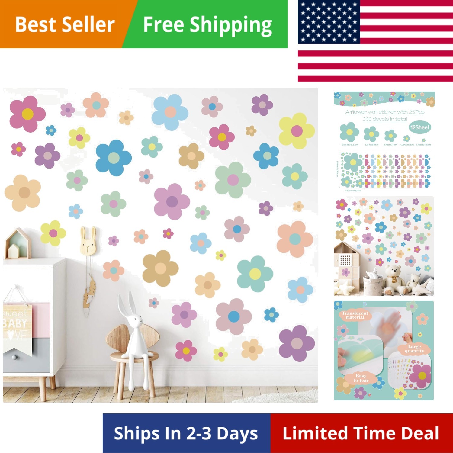 12 Sheets Flower Wall Decals Cute Colorful Vinyl Stickers for Girls Kids Room De