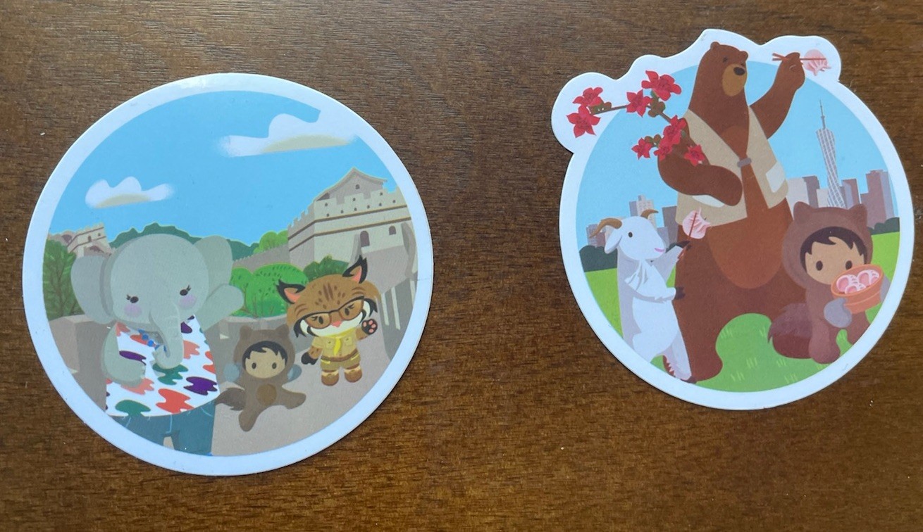 Rare – 2 Salesforce Stickers – Group In Asia – Astro, Codey, Ruth, Cloudy