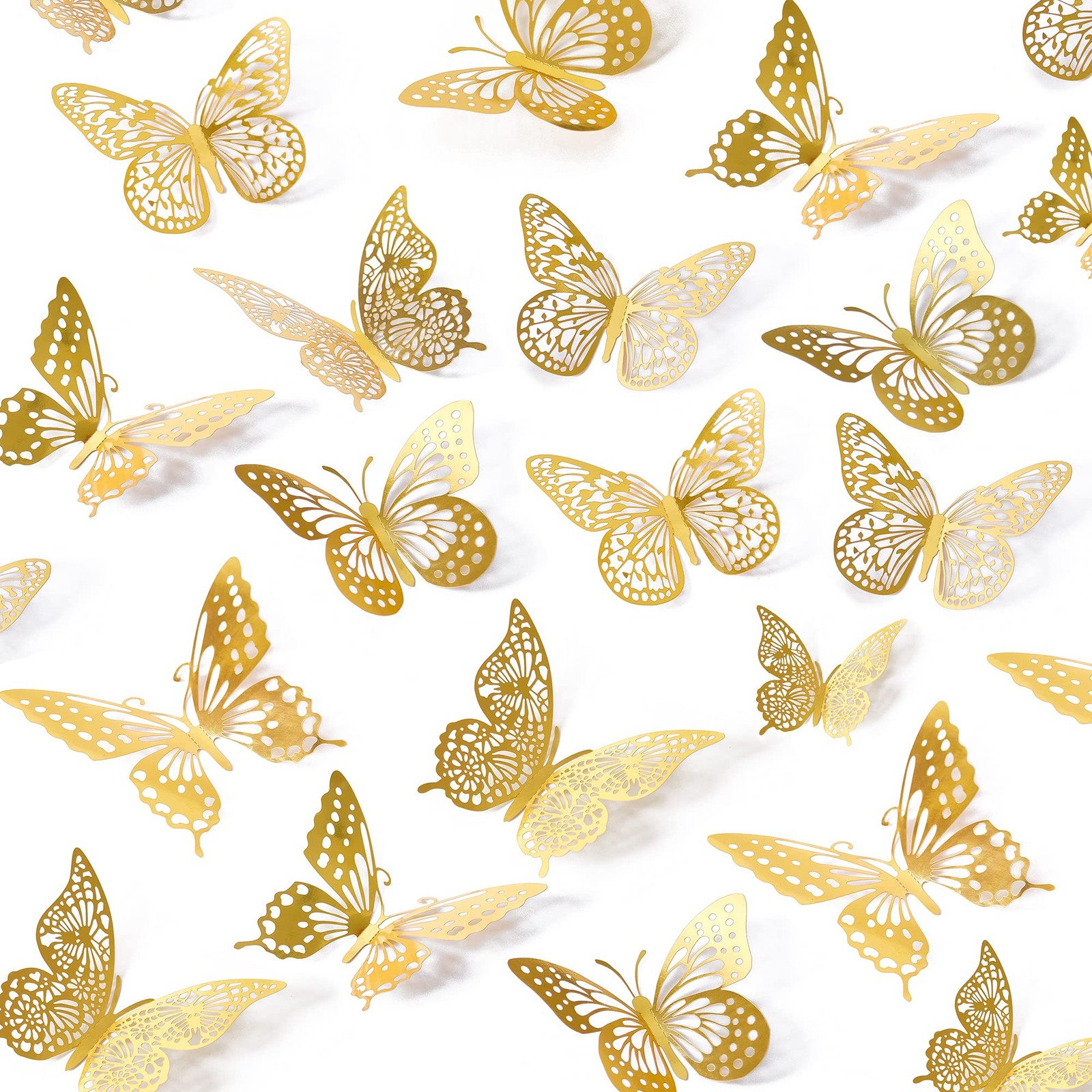 3D Butterfly Wall Decor 48 Pcs 4 Styles 3 Sizes, for Birthday Gold