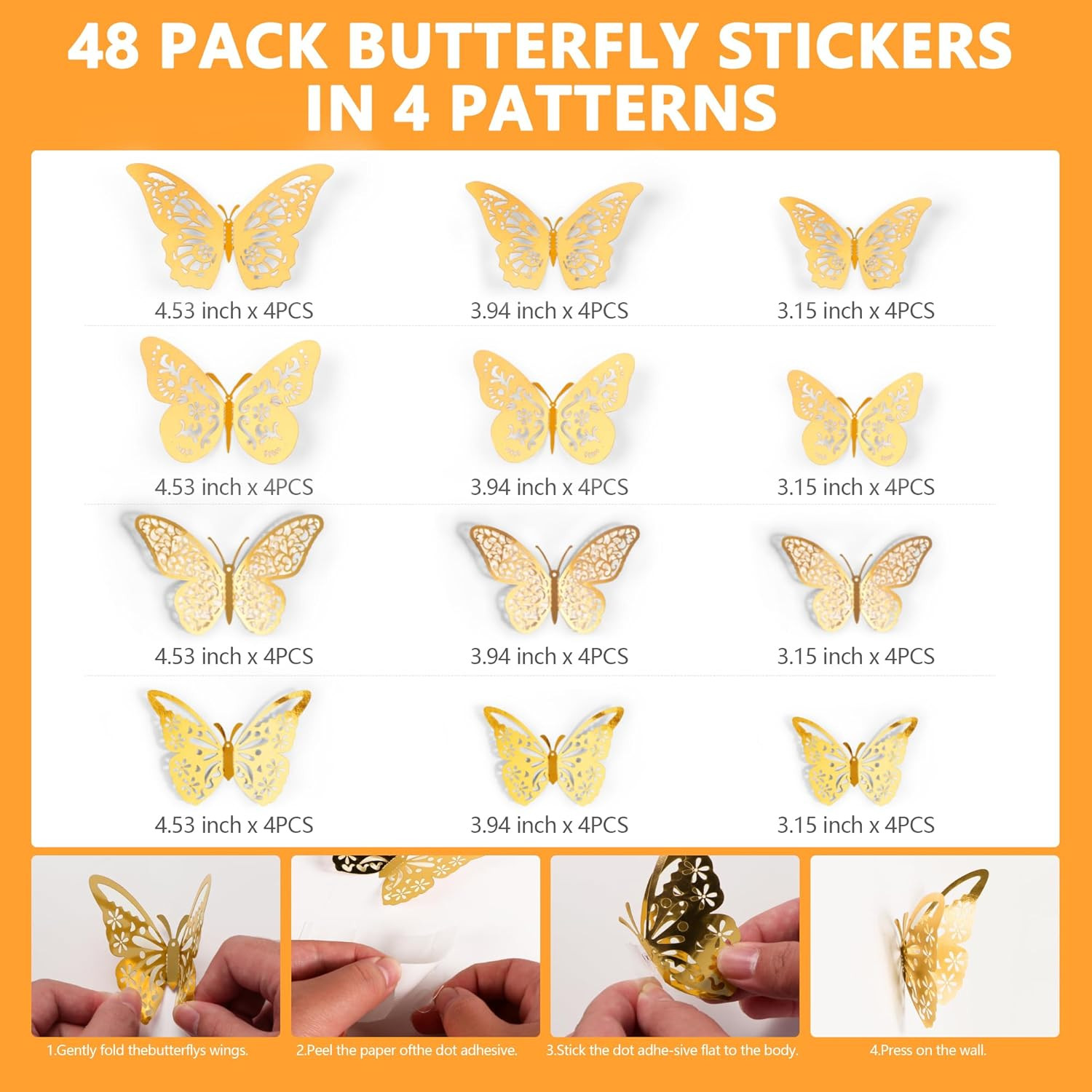 48 Pcs Gold 3D Butterfly Decorations, 4 Styles 3 Sizes, Butterfly Wall