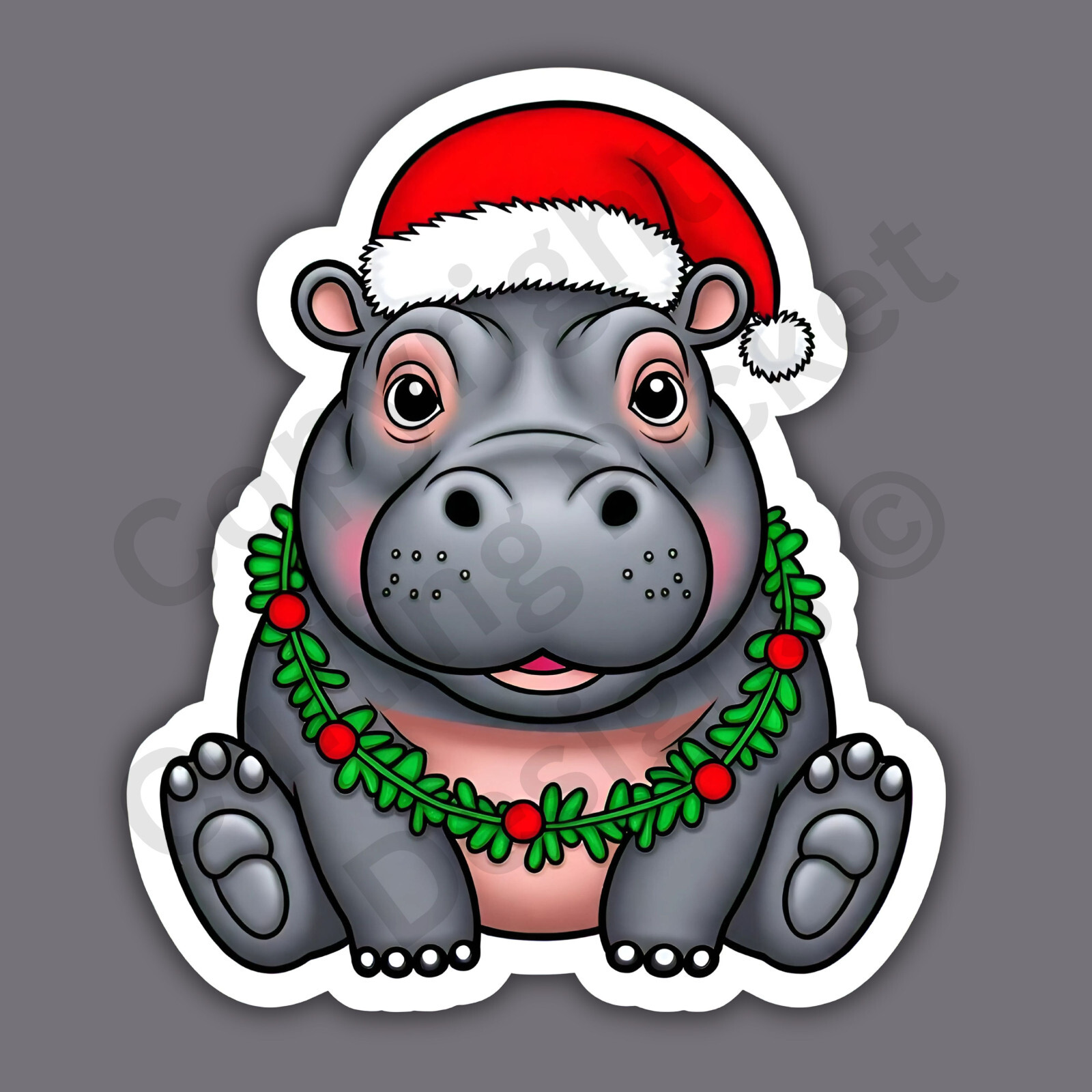Christmas Hippo Zoo Animal Santa Hat Garland Cute Funny 3″ Vinyl Sticker