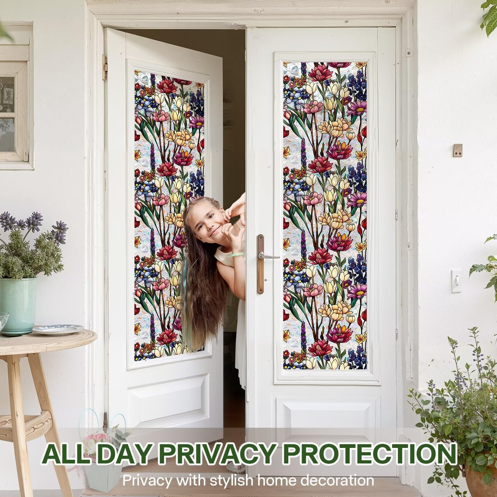 Stained Glass Window Film UV Resistant Window Privacy Film Colorful Flowers P…