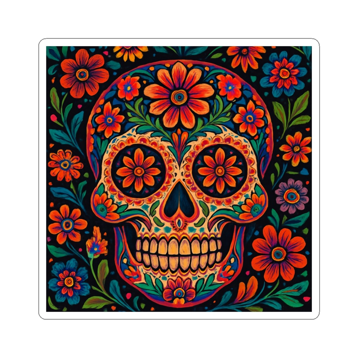 Sticker Floral Skull Vibrant Day of the Dead Design Art 2×2 3×3 4×4 6×6