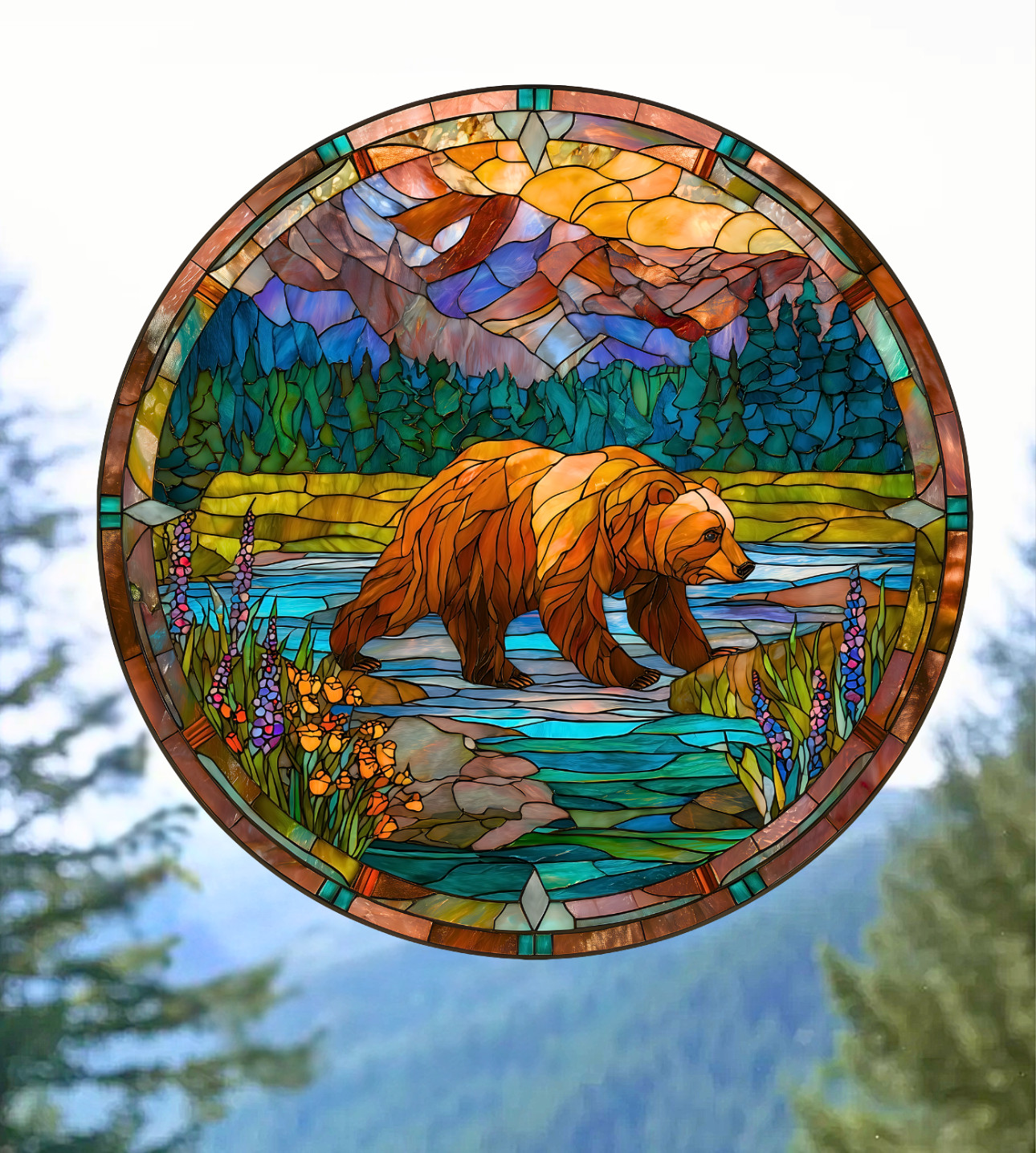 Bear Faux Stained-Glass WINDOW CLING Sun-catcher Size 8″