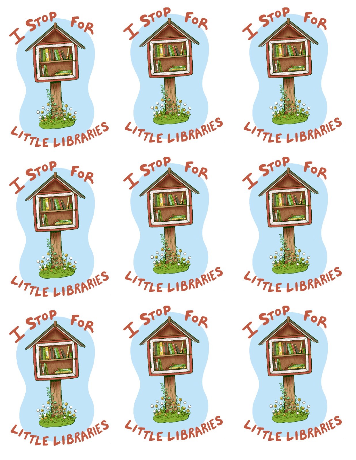 STICKER – “I Stop for Little Libraries” glossy sticker, 4 inches, original art!