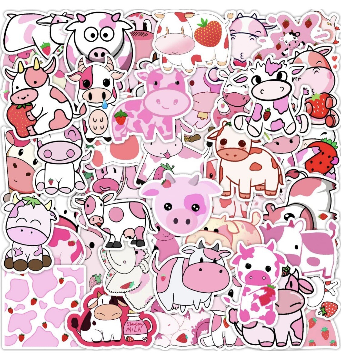 Stickers Strawberry Pink Cow Cute 50 Pcs, Kawaii Farm Animal Ichigo