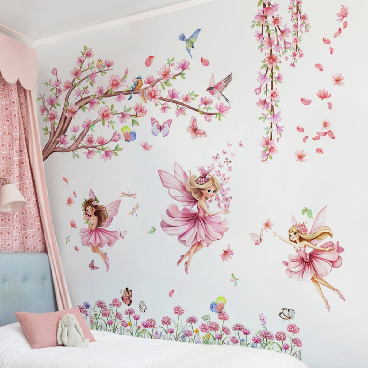 NXUEBDD Pink Cherry Blossom Tree Wall Stickers Flower Fairy Garden Wall Decals w