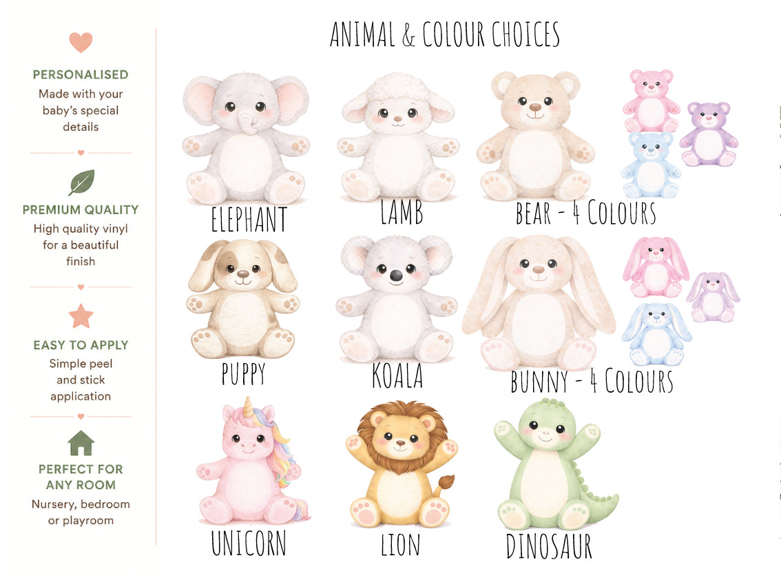 Personalised Baby Birth Stats Name Animal Nursery Removable Wall Decal Sticker