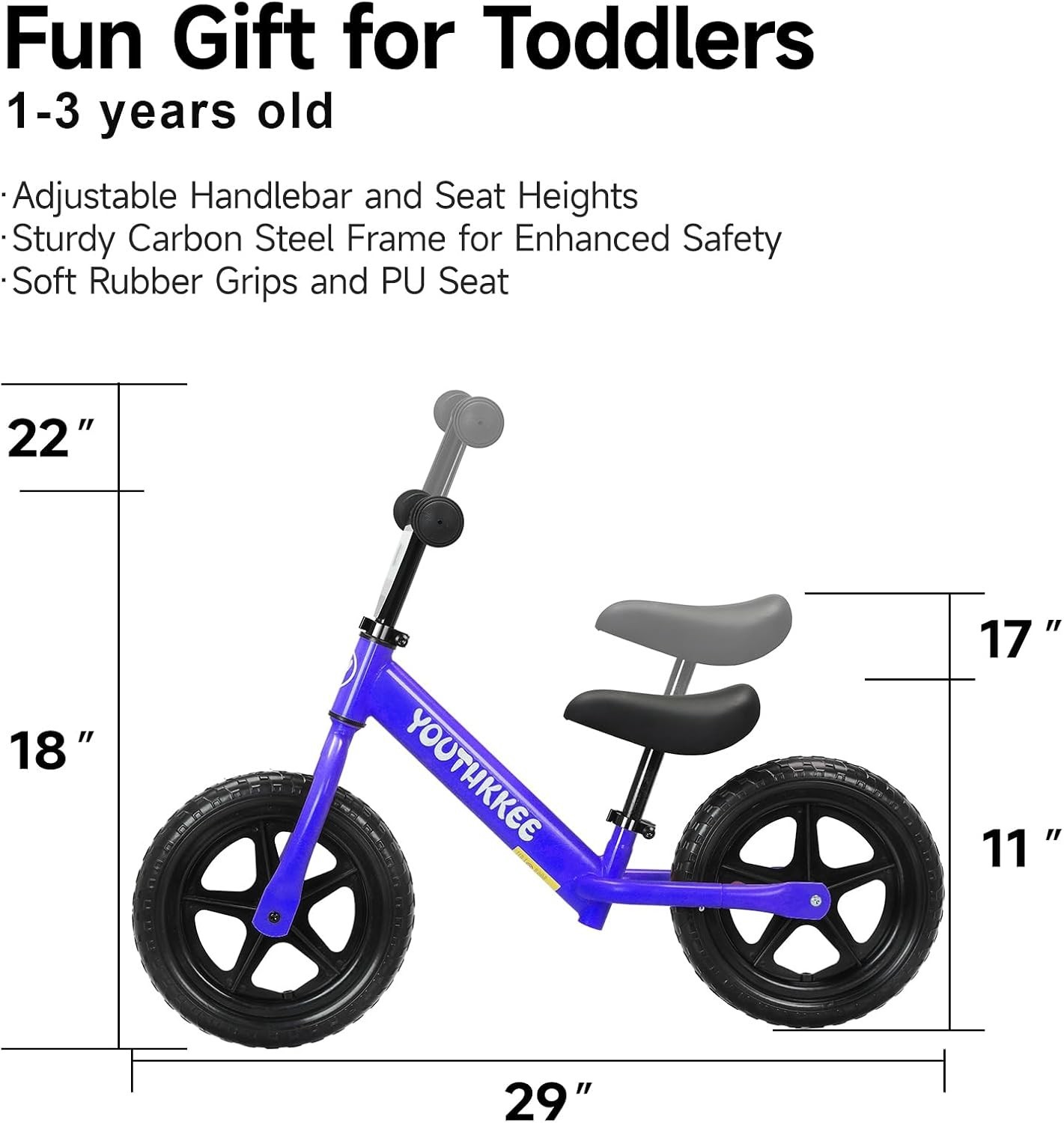 12 Inch Toddler Balance Bike for 1-3 Year Olds, No-Pedal Bike with Tool-Free Adj