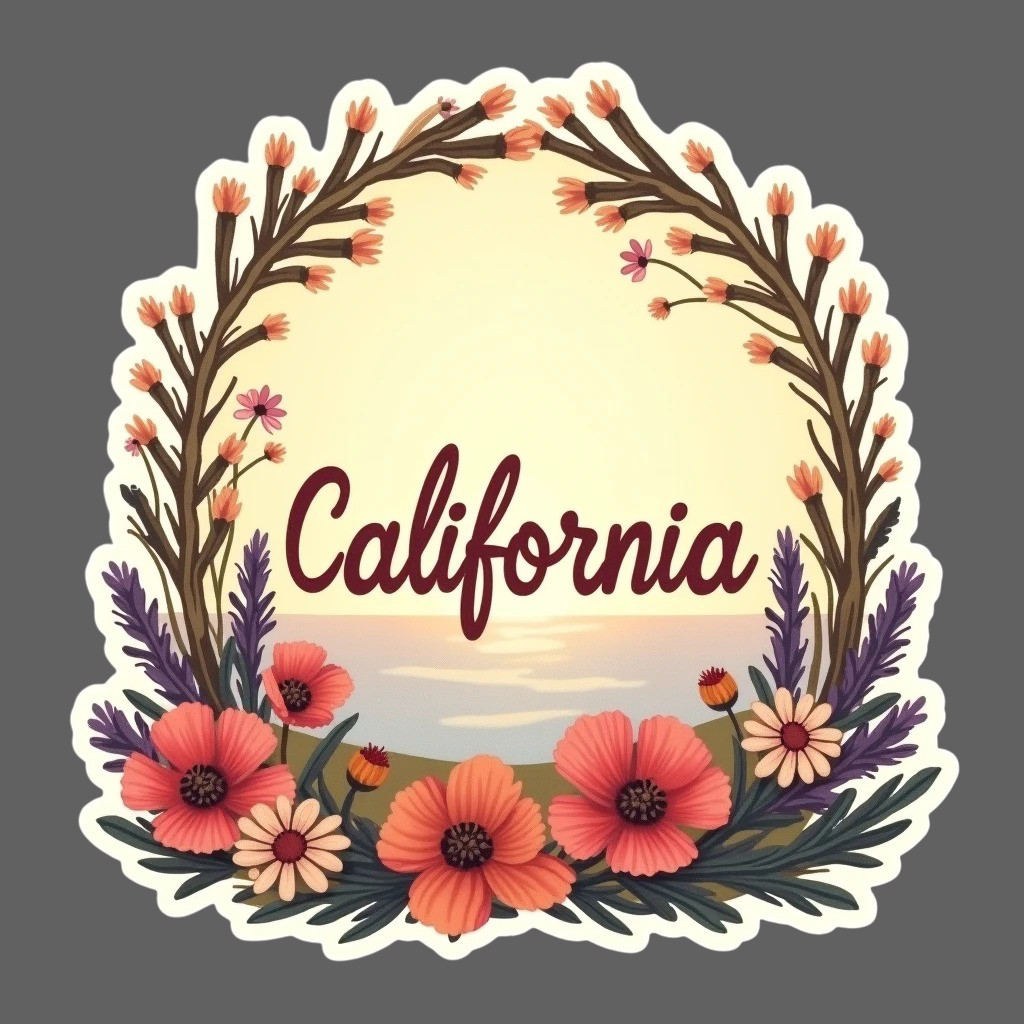 California Sticker Vinyl Decal Floral Wreath Wildflowers Rustic Aesthetic Laptop