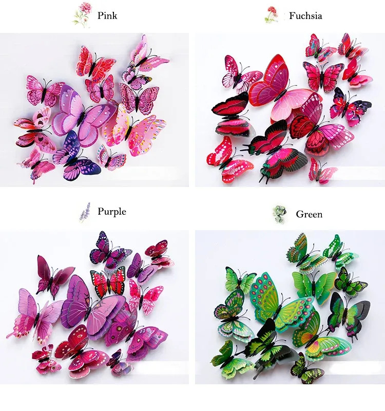 New Style 12Pcs Double Layer 3D Butterfly Wall Stickers Home Room Decor