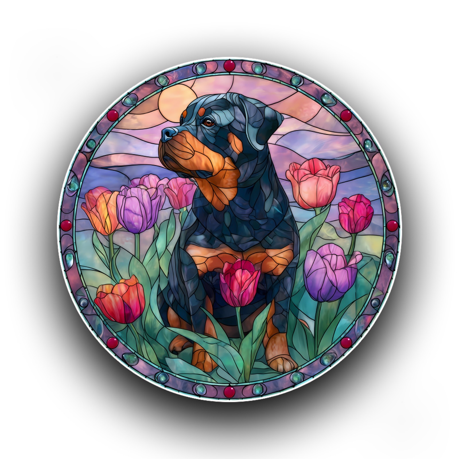 Rottweiler Tulip Flowers Spring Stained Glass Style Opaque Vinyl Sticker Decal