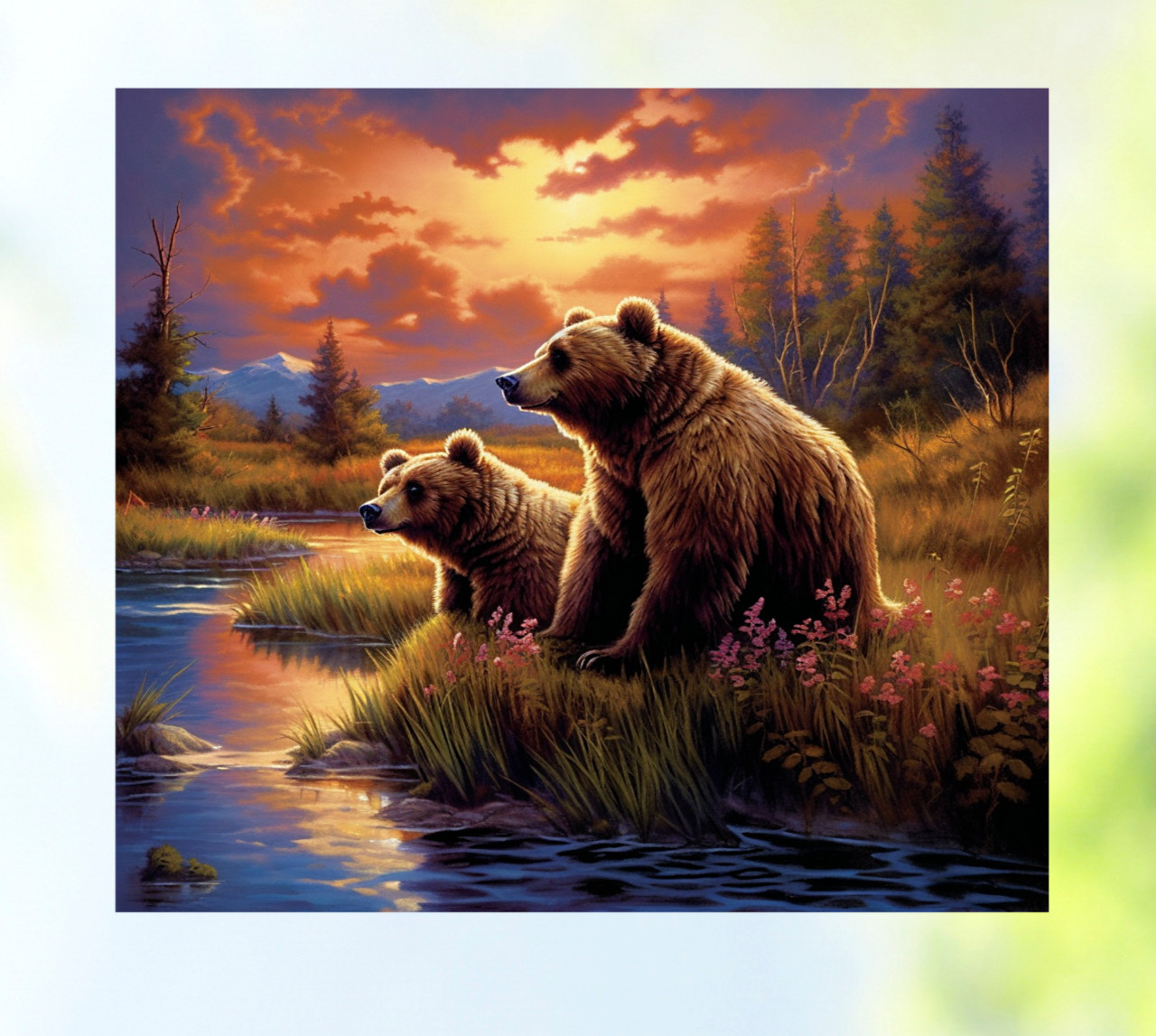 Grizzly Bears at Sunset on Riverbank WINDOW CLING Size 9.1″ Repositionable Vinyl