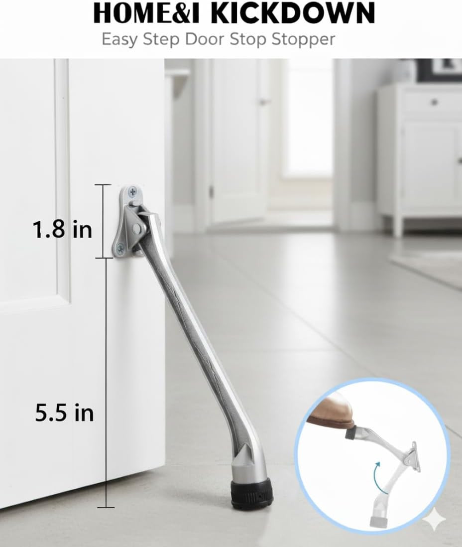 Kickdown Door Stopper,7-Inch Door Holder Kick Door Kickstand Rubber Foot (Satin