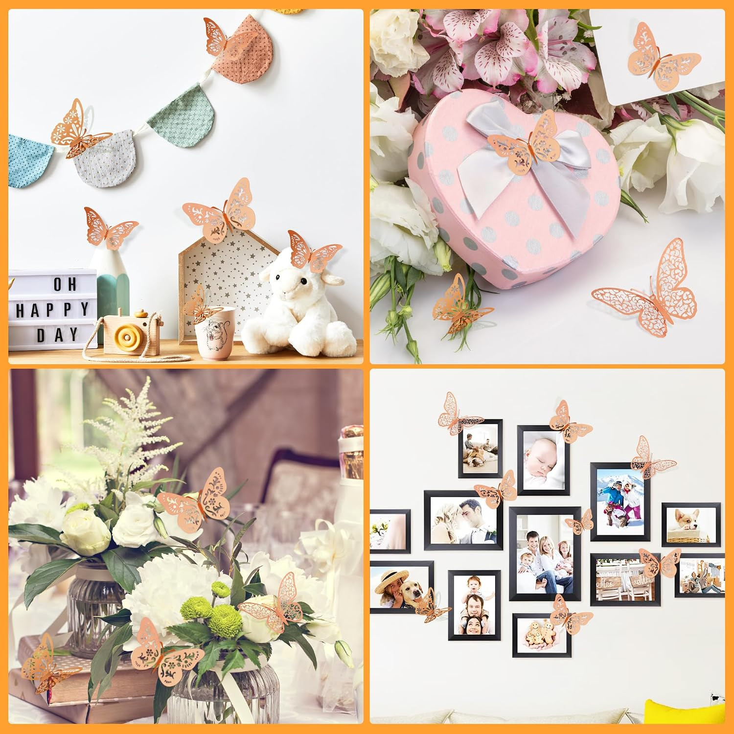 48 Pcs Rose Gold Butterfly Decorations, 4 Styles 3 Sizes, Wall Decor