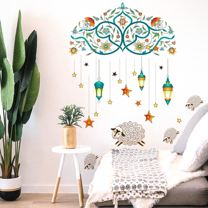 Eid Wall Stickers 2pcs/set Vintage Flower Vine Stars Lantern Window Decal
