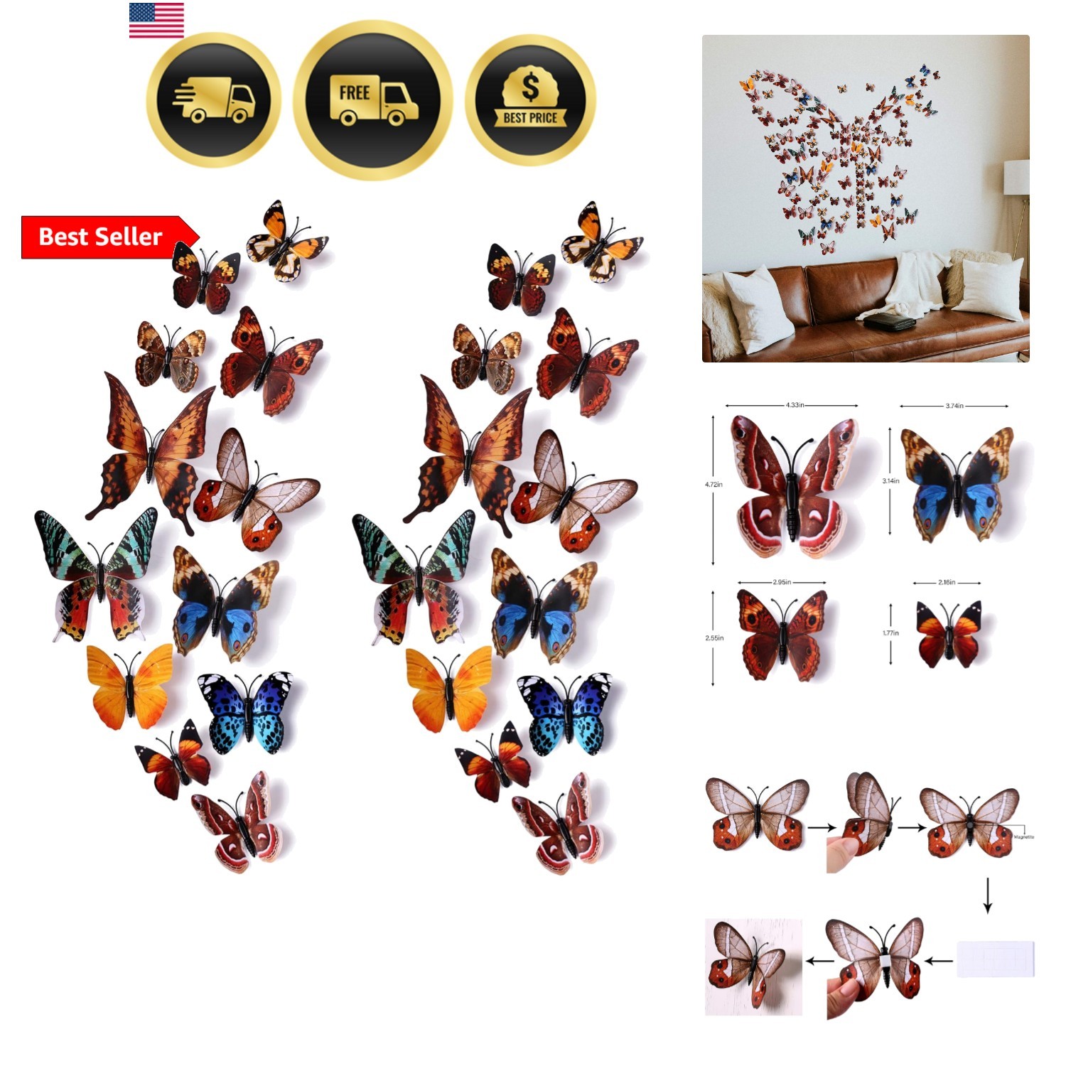 24pcs 3D Vivid Special Man-Made Lively Butterfly Wall Stickers Removable Butt…