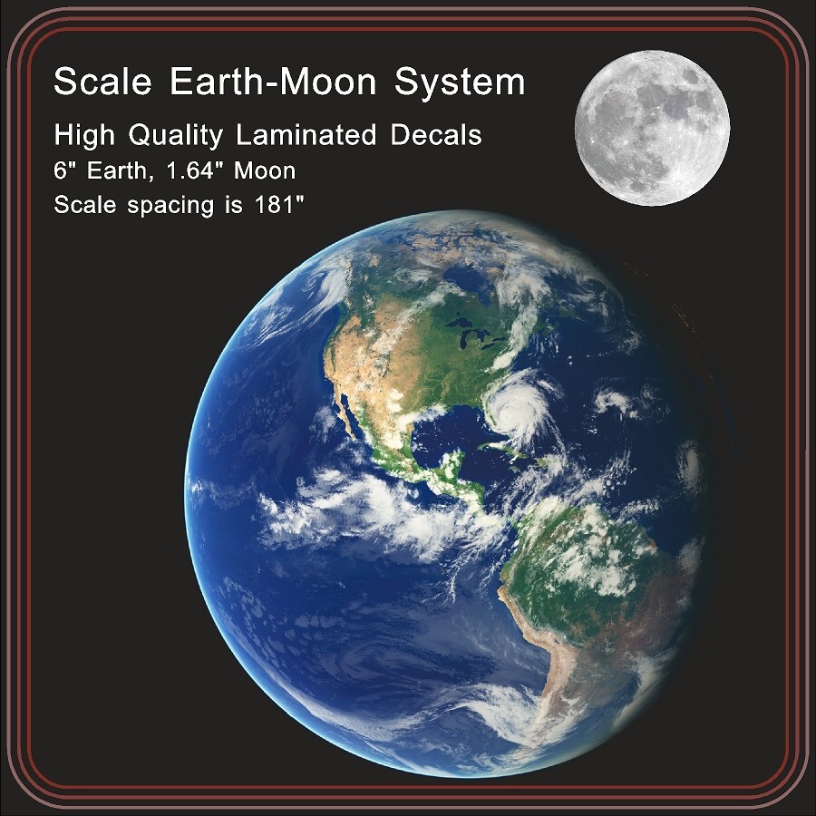 Earth Moon Scale High Quality Laminated Decals 6″ Earth 1.636″ Moon