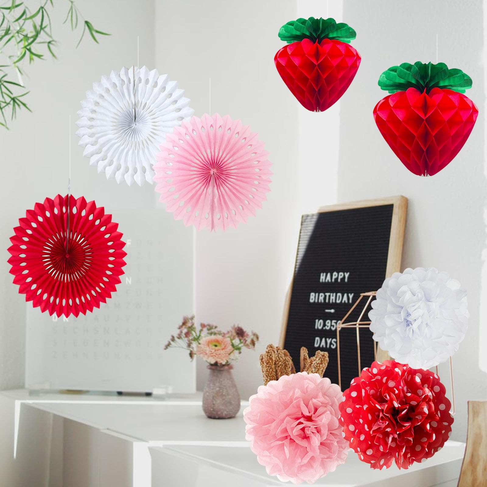 Classroom Party Decor, Strawberry Theme, Pom Poms, Fans, Honeycomb, Red Pink