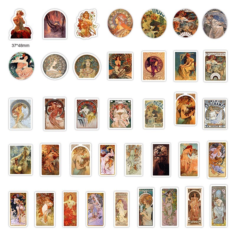 90pcs Alphonse Mucha Stickers, Monet Van Gogh Famous Painting Stickers, #002080