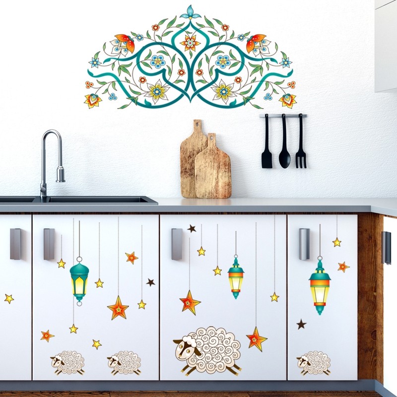 Eid Wall Stickers 2pcs/set Vintage Flower Vine Stars Lantern Window Decal