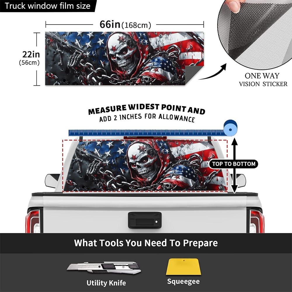 American Style Skulls Truck Rear Window Graphic Decals, Watercolor Flag Horro…