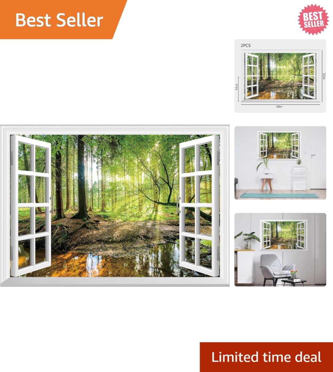 Tropical Jungle Faux Window Wall Mural – 48″x32″ Decorative Stickers Set
