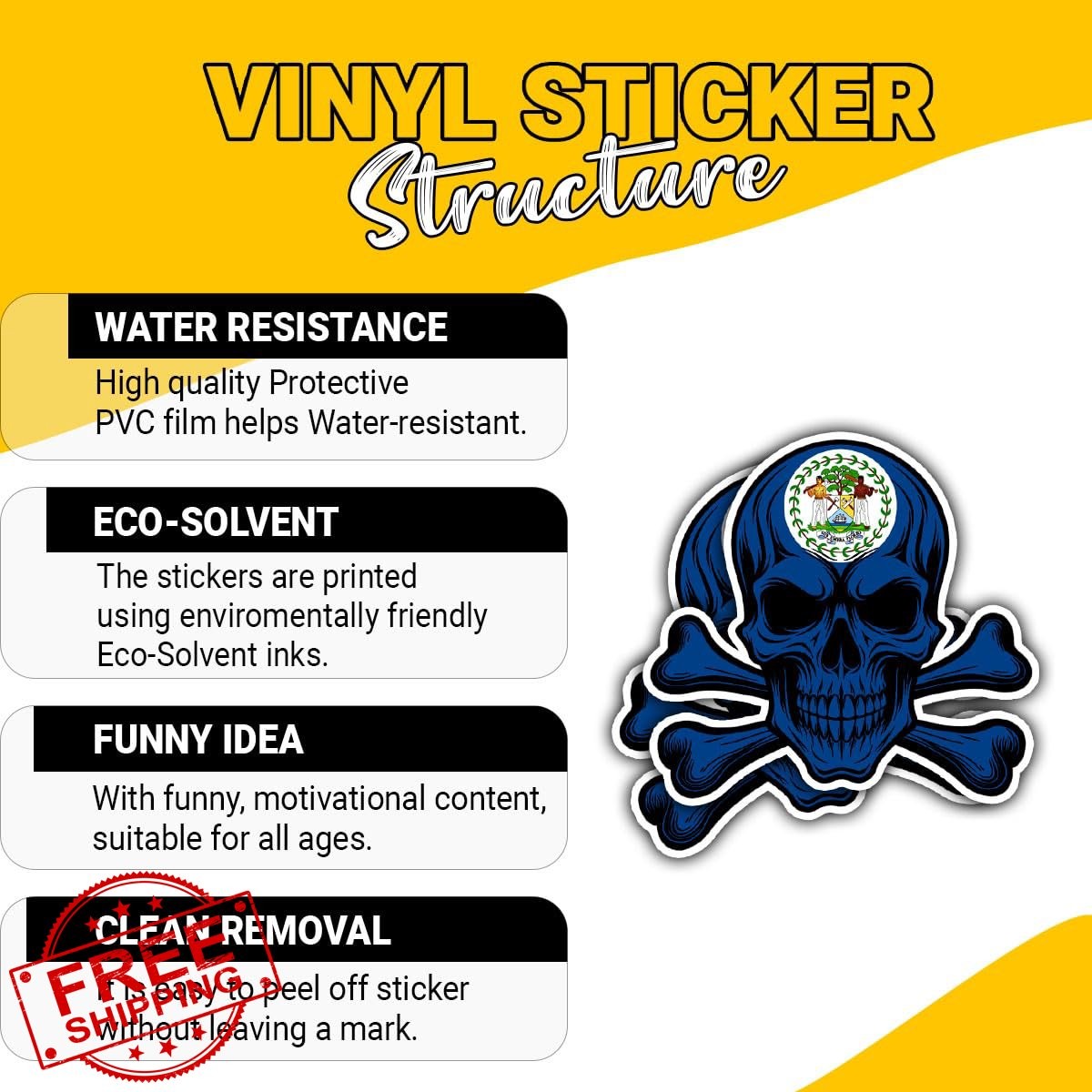 Belize Flag Skull Decal 3pc 5″ Patriotic Vinyl Sticker