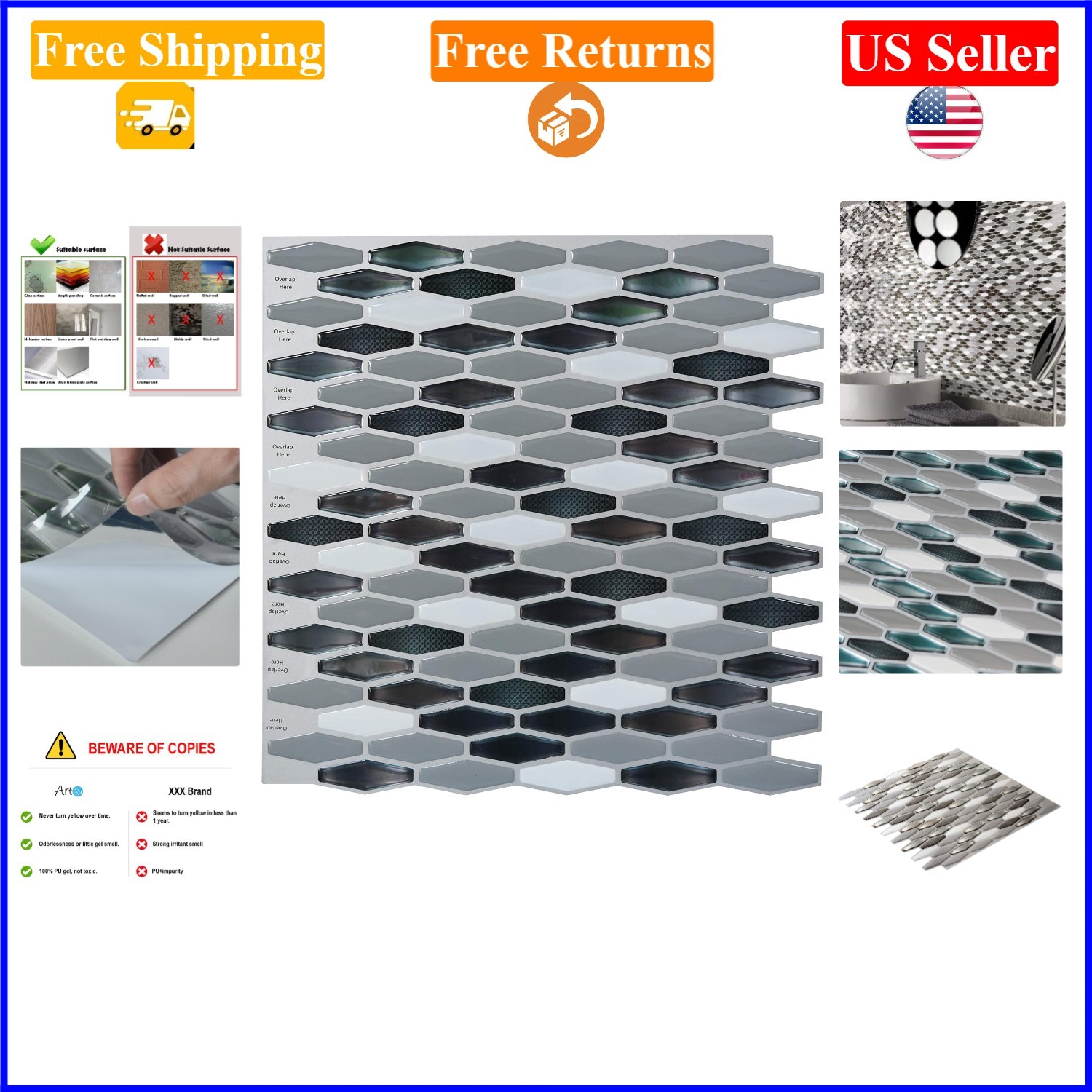 12×12 in Black/White Marble Peel & Stick Backsplash Tile Pack of 6