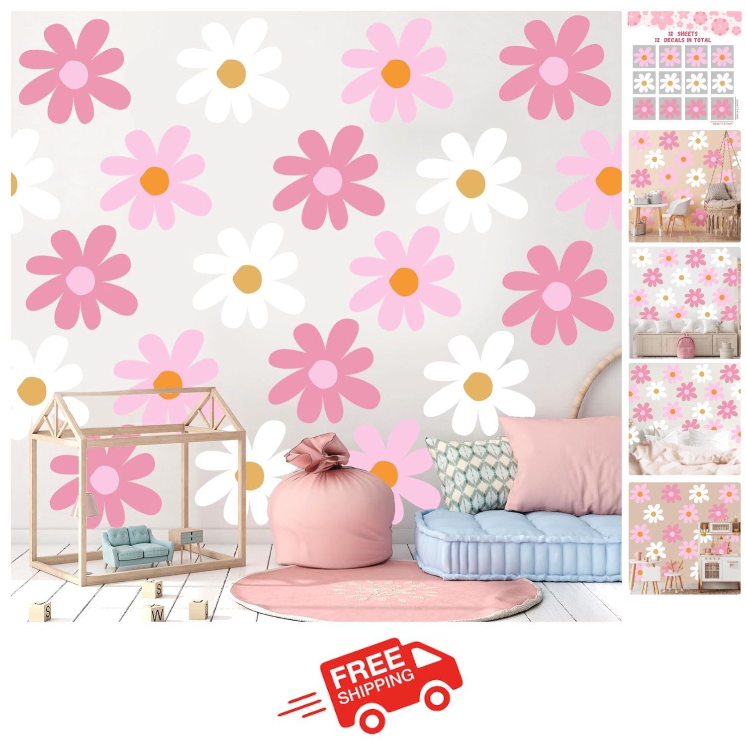 Delicate Daisy Peel and Stick Wall Decals – 12 Sheets for Kid-Friendly Spaces