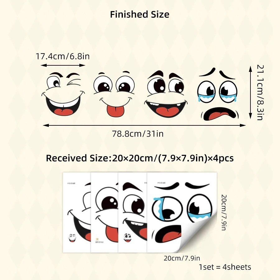 4Sheets Cartoon Face Stickers Self Adhesive Removable Funny Wall Trash Can Decor
