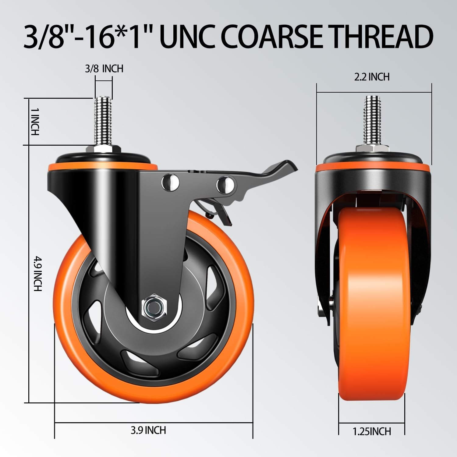 4 inch Stem Caster Wheels 2000lbs, Threaded Stem Casters Set of 4 Heavy Duty,3/8