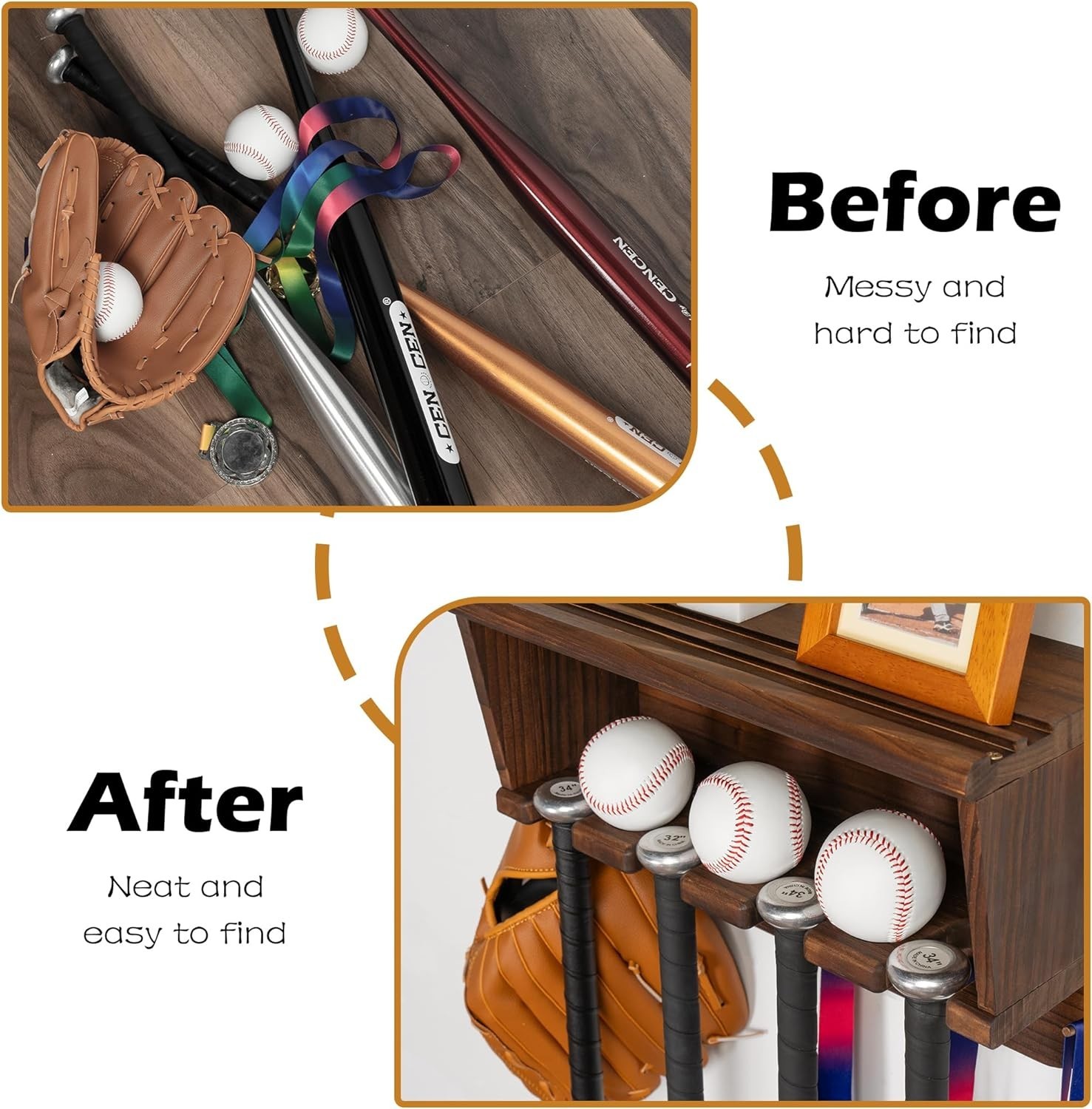 Baseball Bat Holder, Wall-Mounted Medal Hanger Trophy Display Shelf, Sports Memo