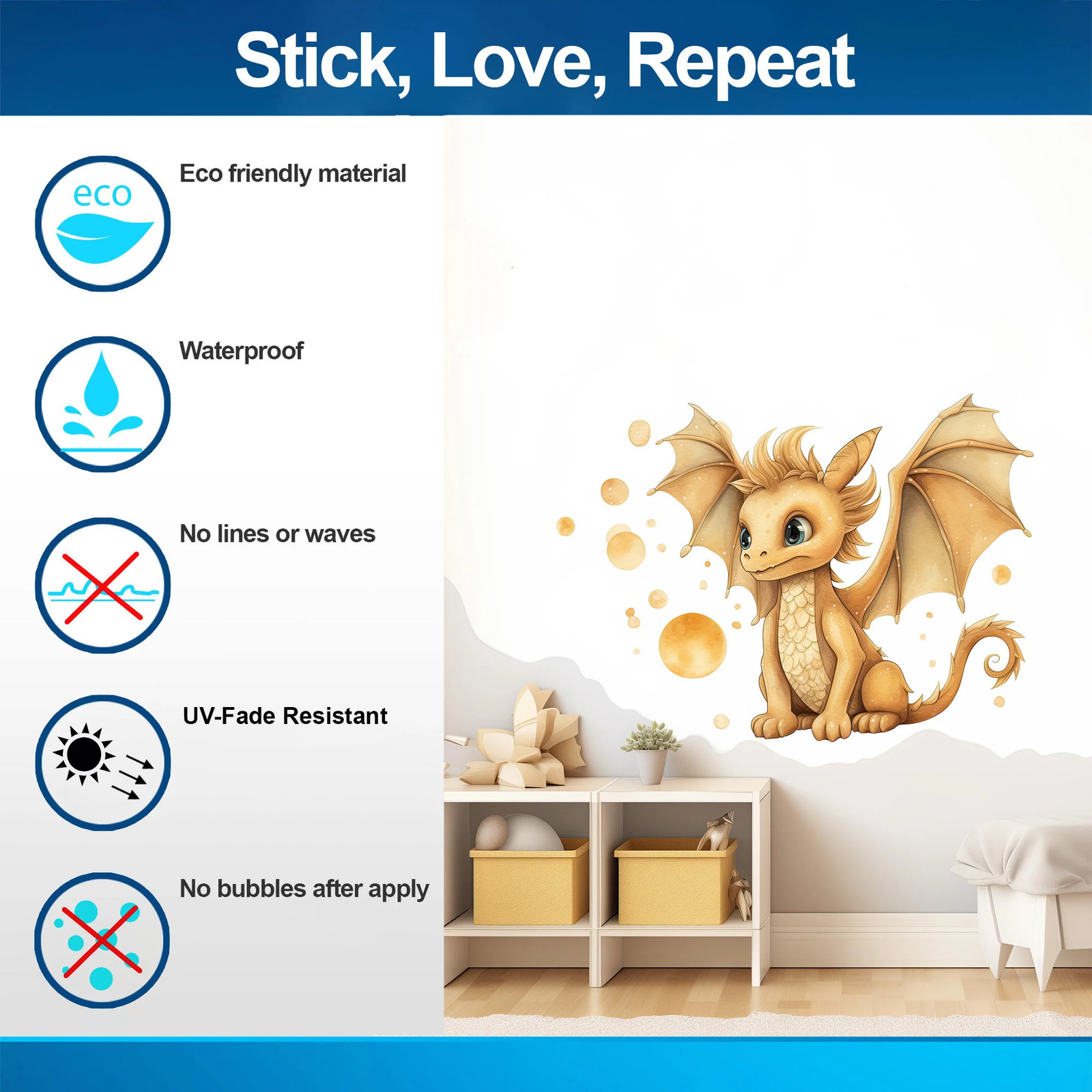Enchanted Gold Dragon Wall Decal – Whimsical Baby Dragon Sticker Mural –