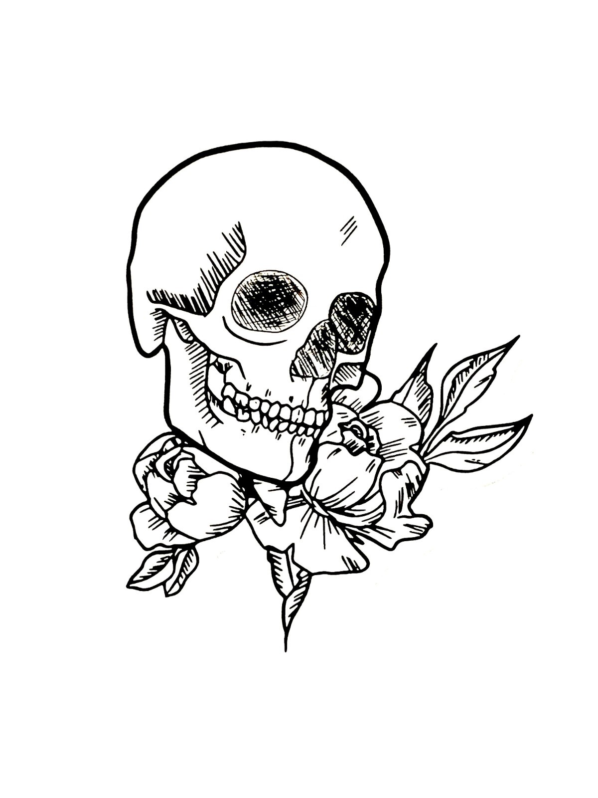 Skull Flowers Phone Sticker (2 Inch) Line Art Minimalist Gothic Sketch