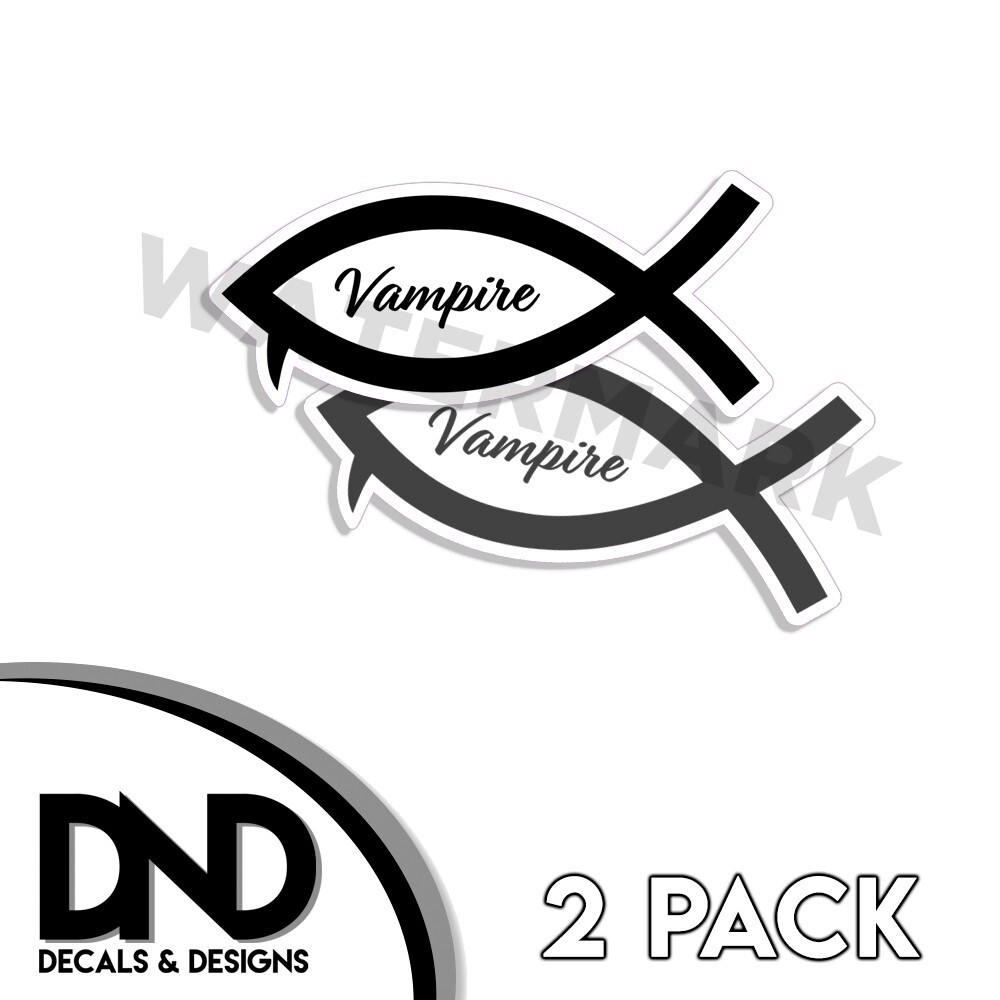 Vampire FISH Funny Vinyl Decal Sticker Dracula Truck Ichthys 2 Pack 5″ Wide